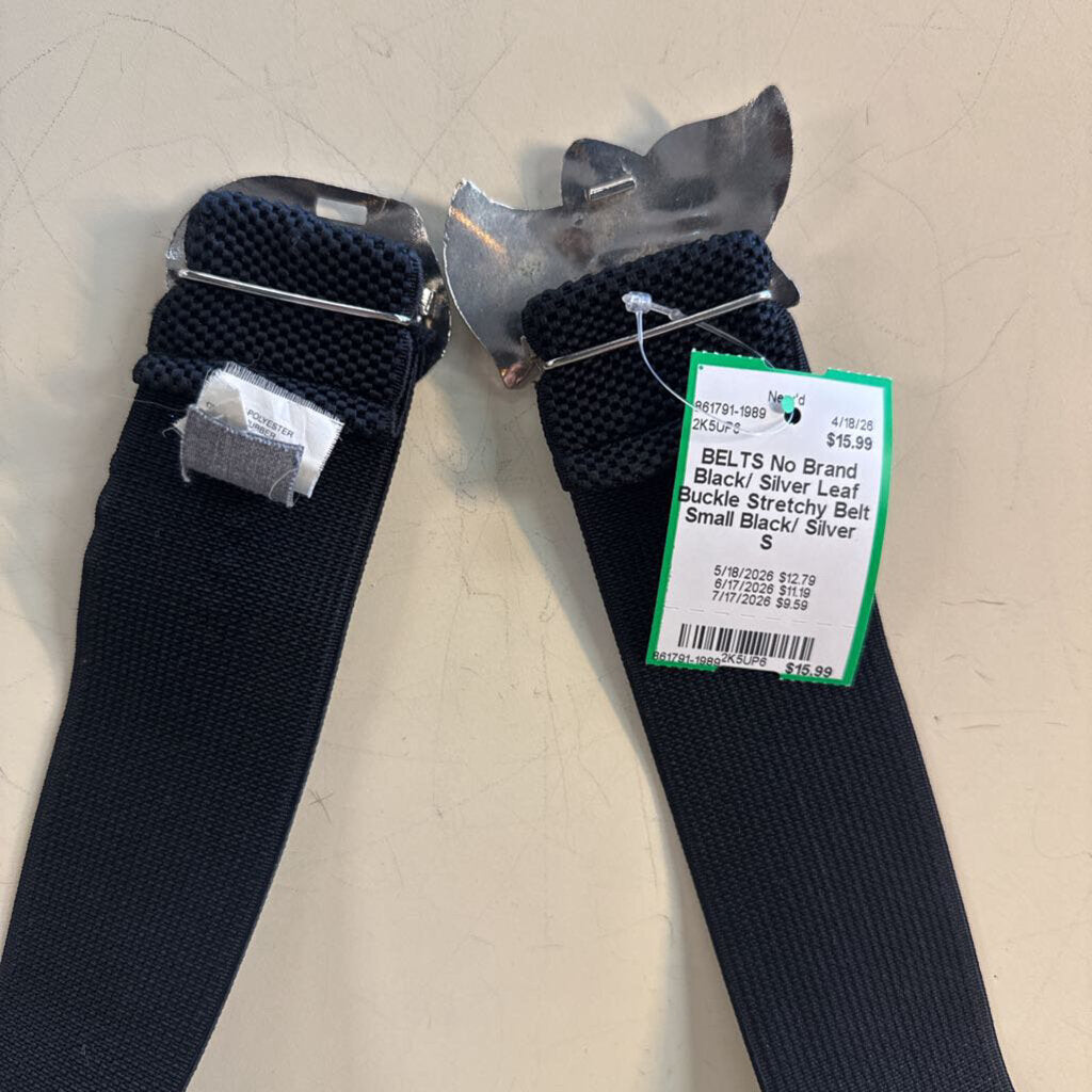 Black/ Silver Leaf Buckle Stretchy Belt Small