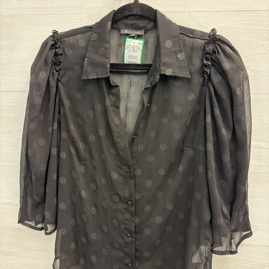 Kanji Black Sheer Polka Dot Long Sleeve Top Large