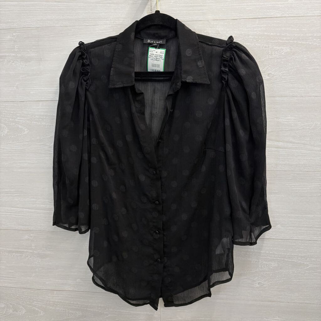 Kanji Black Sheer Polka Dot Long Sleeve Top Large