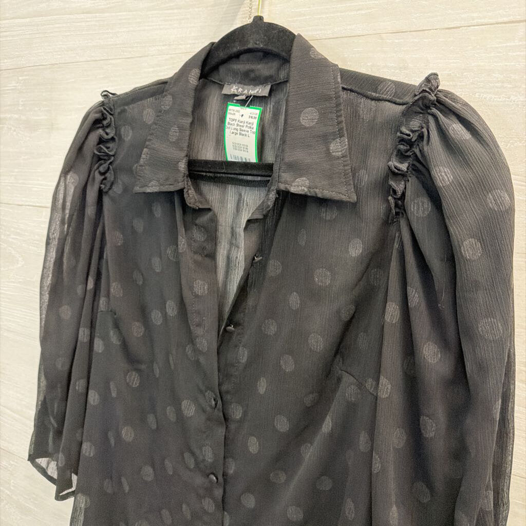 Kanji Black Sheer Polka Dot Long Sleeve Top Large