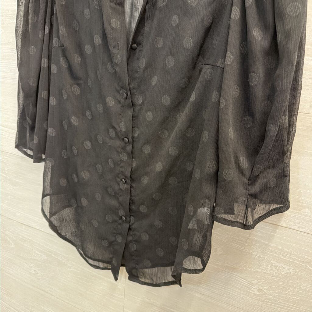 Kanji Black Sheer Polka Dot Long Sleeve Top Large