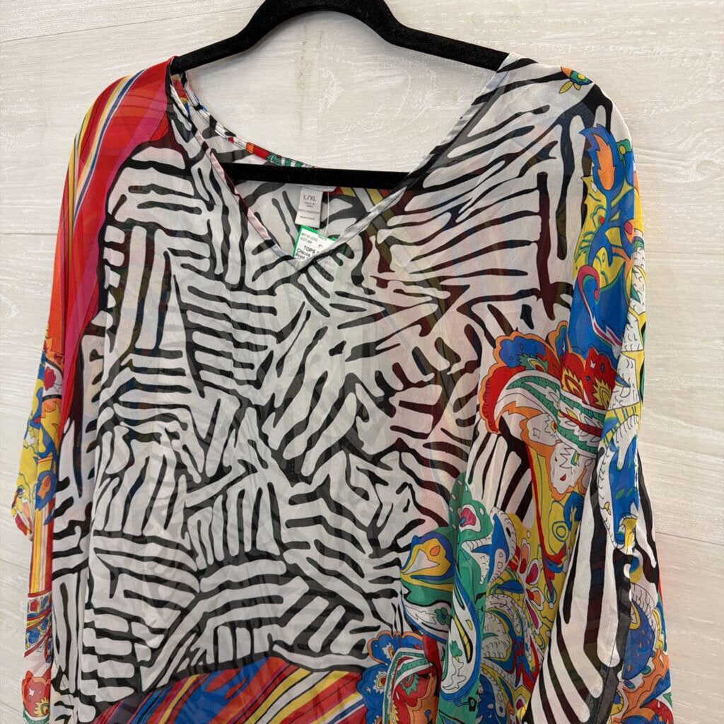 Chicos White/ Multi Print Sheer Poncho Top Large/ Extra Large