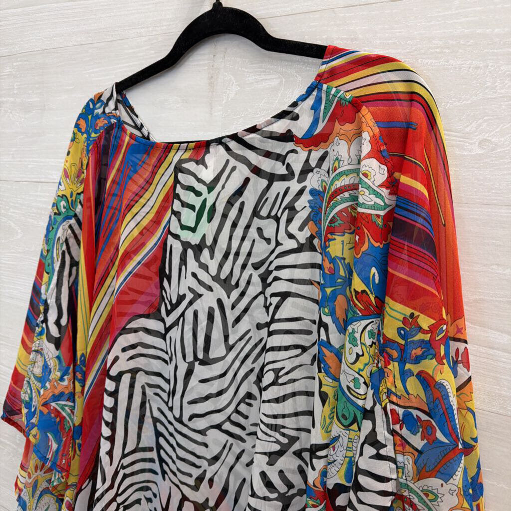 Chicos White/ Multi Print Sheer Poncho Top Large/ Extra Large