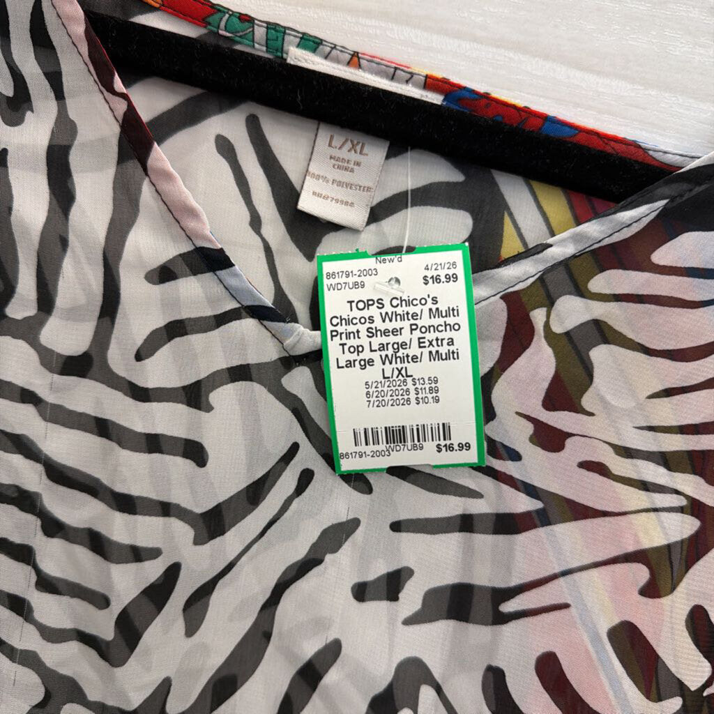 Chicos White/ Multi Print Sheer Poncho Top Large/ Extra Large