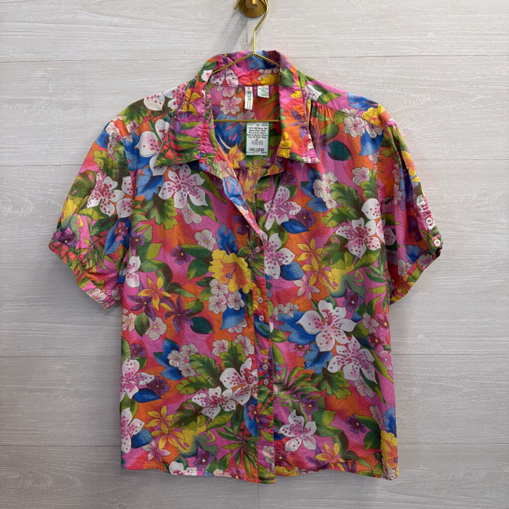 Bill Blass Pink/ Multi Floral Print Short Sleeve Button Down Top 2X