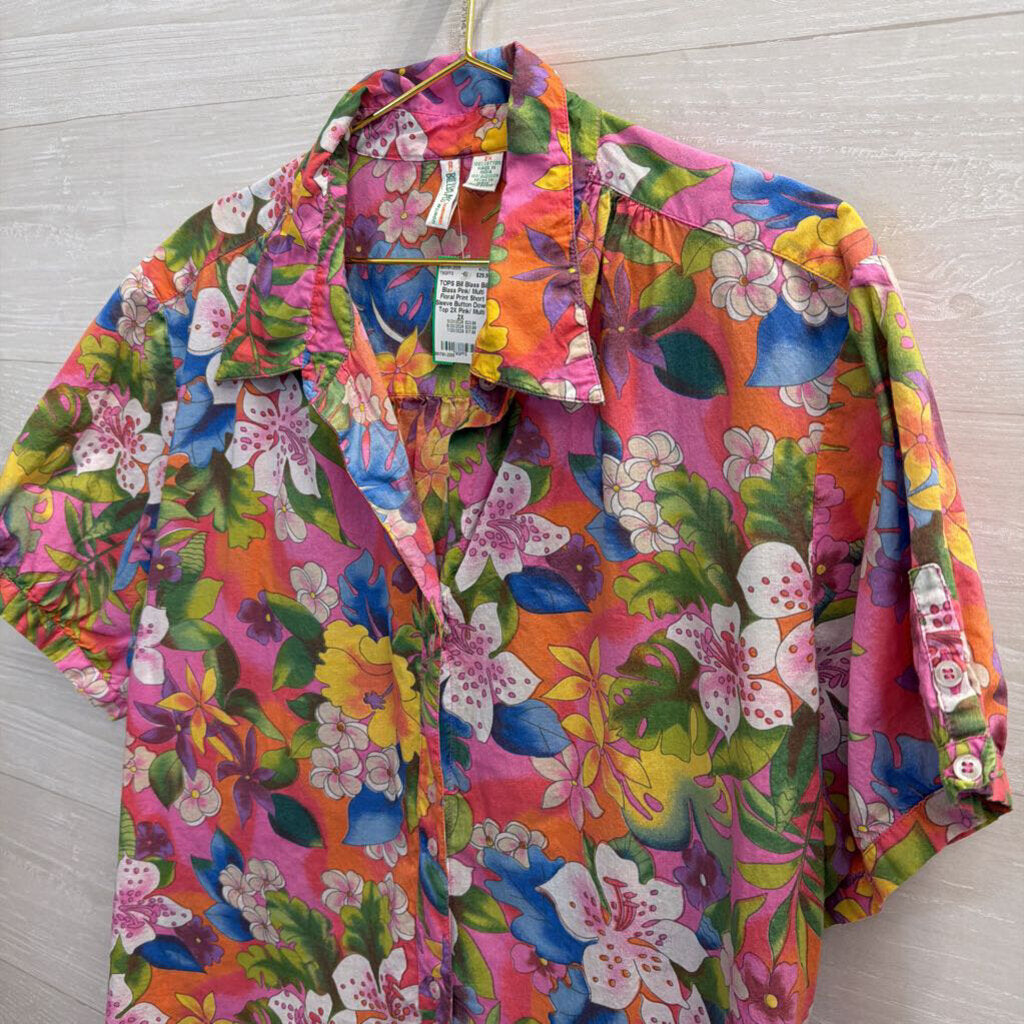 Bill Blass Pink/ Multi Floral Print Short Sleeve Button Down Top 2X
