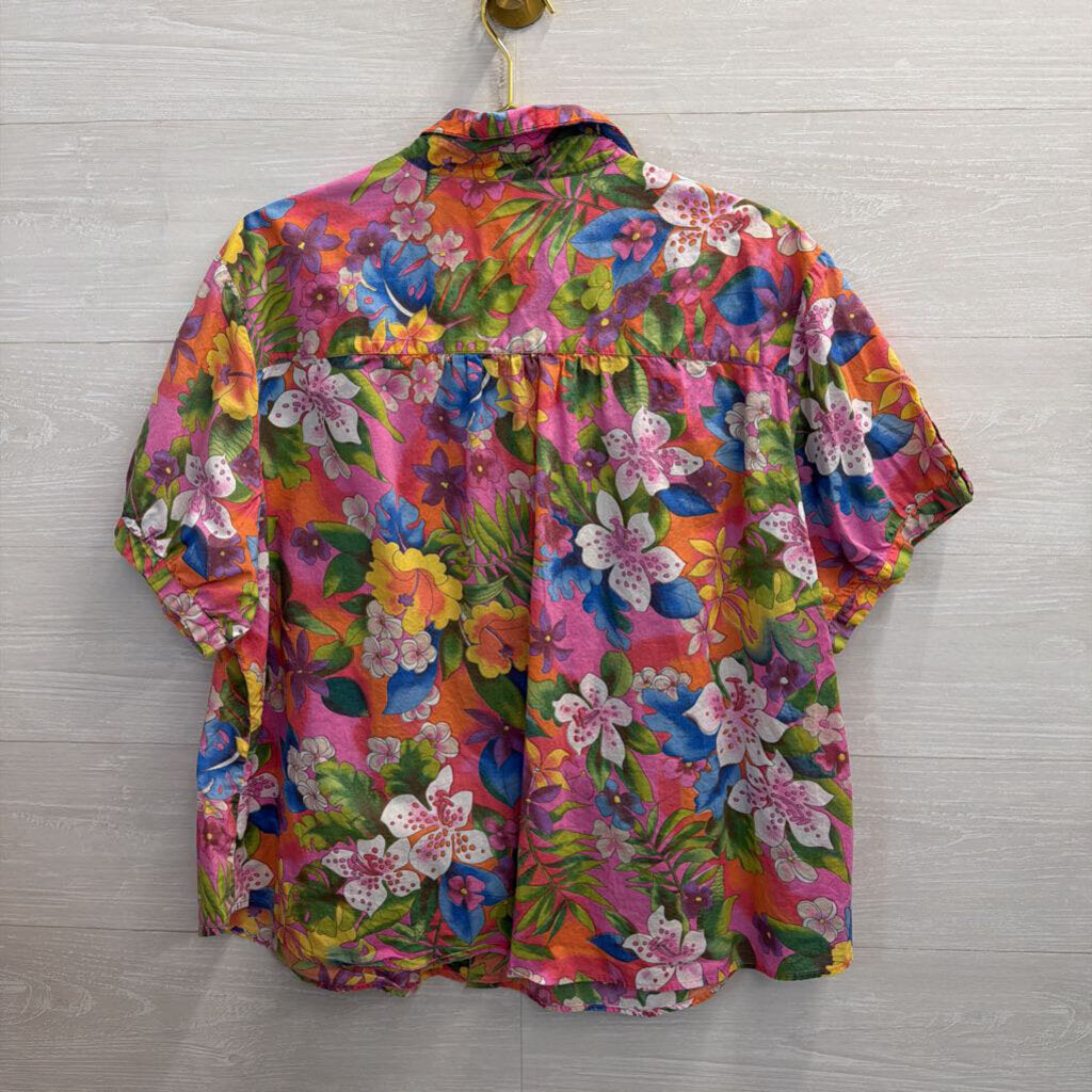 Bill Blass Pink/ Multi Floral Print Short Sleeve Button Down Top 2X
