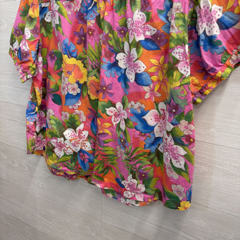 Bill Blass Pink/ Multi Floral Print Short Sleeve Button Down Top 2X