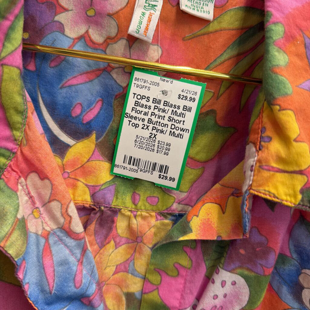 Bill Blass Pink/ Multi Floral Print Short Sleeve Button Down Top 2X