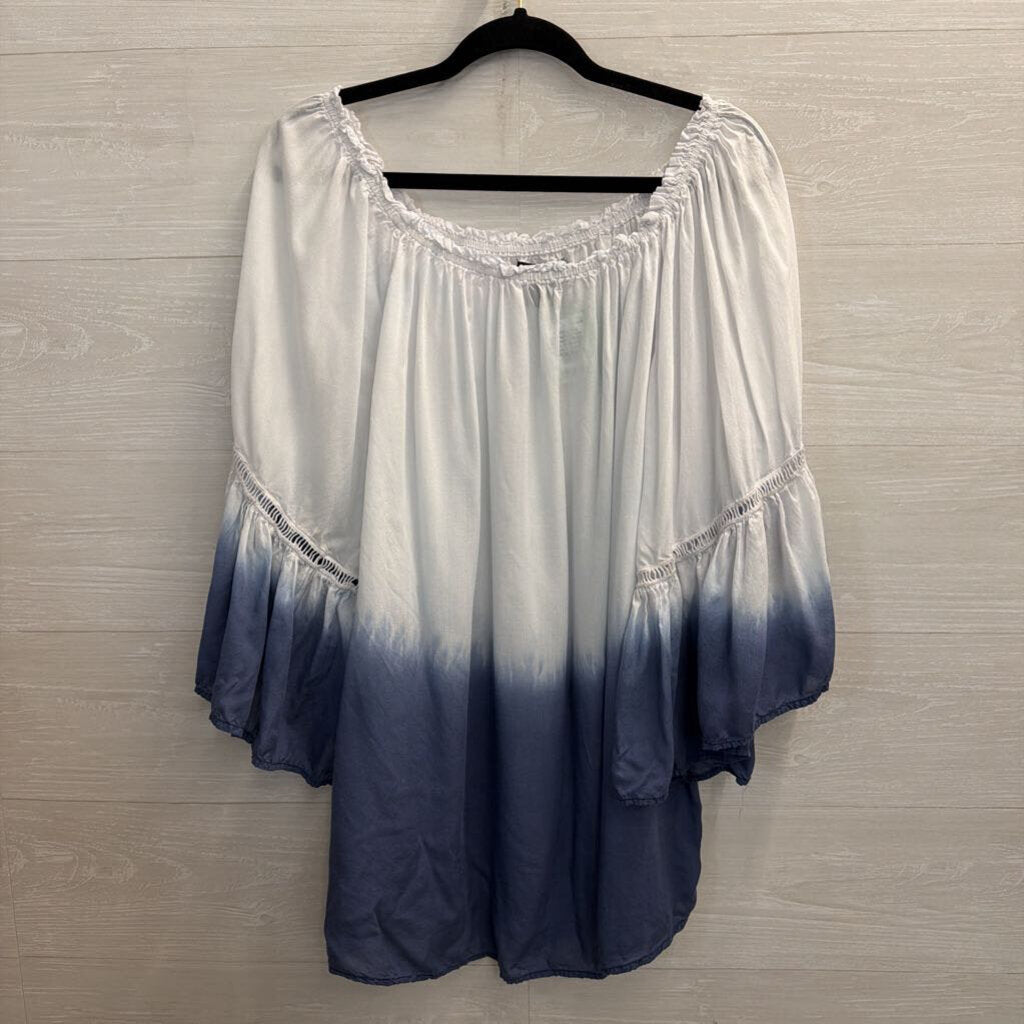 Grace Elements White/ Navy Ombre Bell Sleeve Top 2X