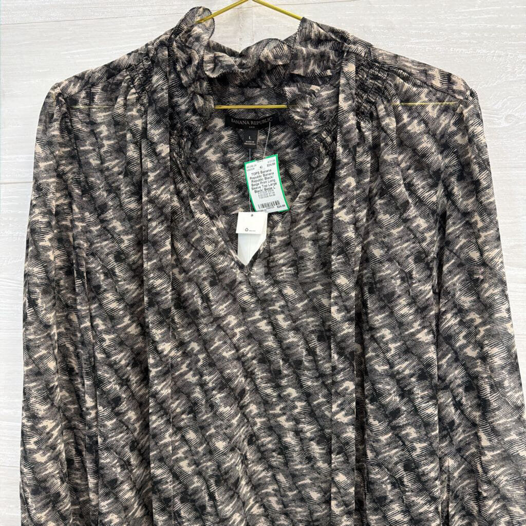 Banana Republic Black/ Beige Print Long Sleeve Top Large
