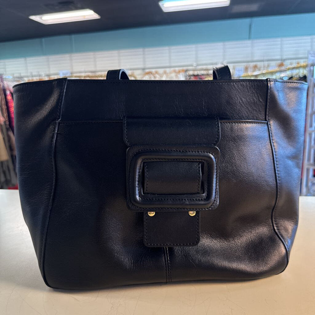 Anna Paola Black Leather Front Buckle Tote Shoulder Purse