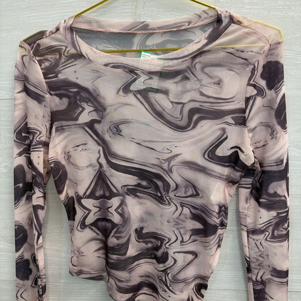 Purple Sheer Mesh Print Cropped Long Sleeve Top Small