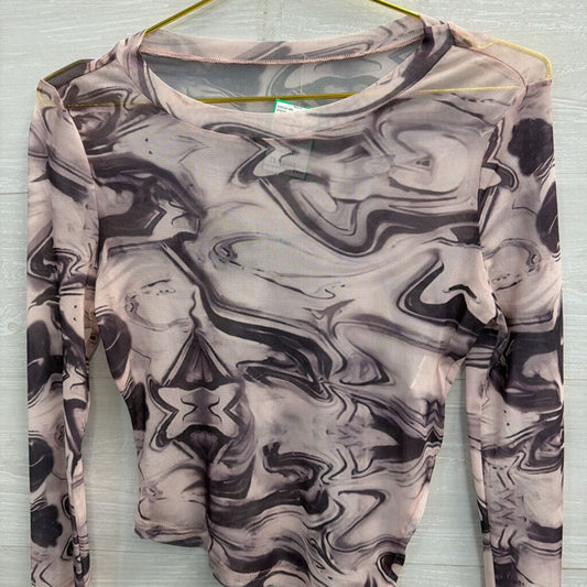 Purple Sheer Mesh Print Cropped Long Sleeve Top Small