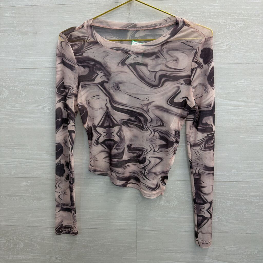 Purple Sheer Mesh Print Cropped Long Sleeve Top Small