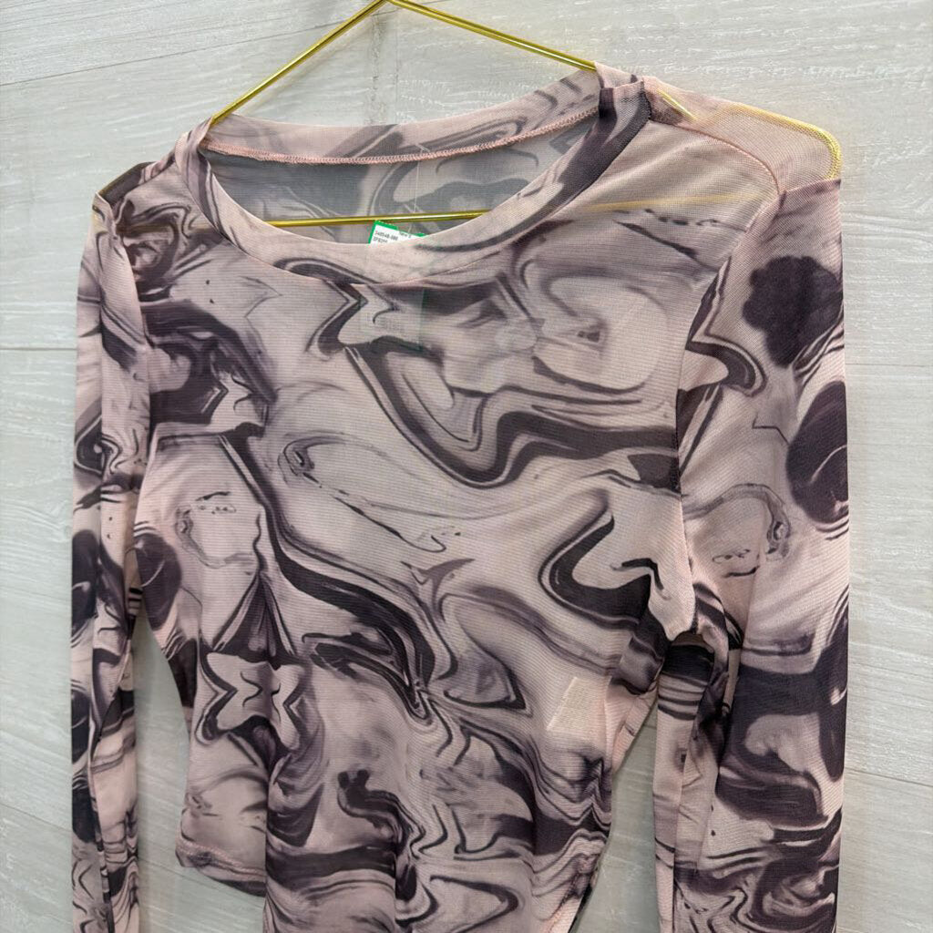 Purple Sheer Mesh Print Cropped Long Sleeve Top Small