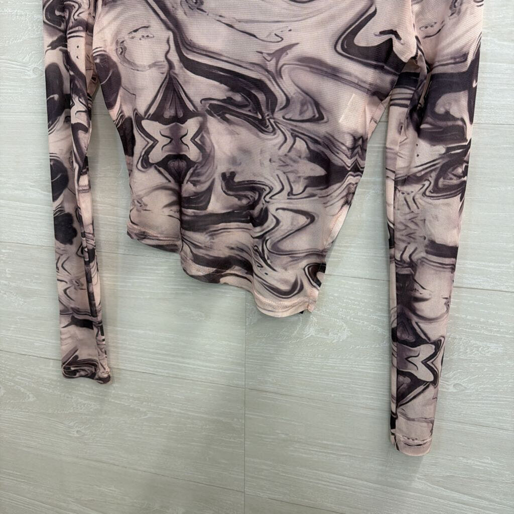 Purple Sheer Mesh Print Cropped Long Sleeve Top Small