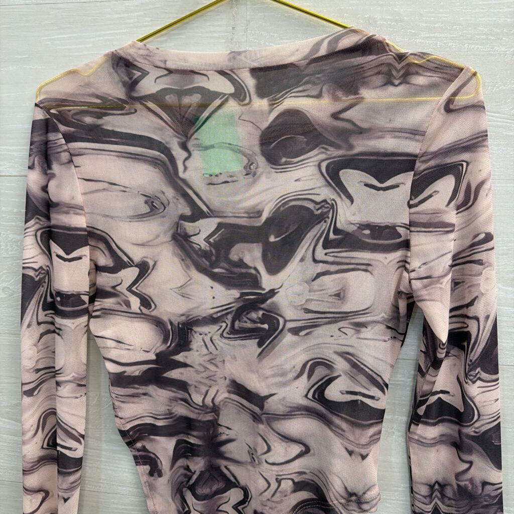 Purple Sheer Mesh Print Cropped Long Sleeve Top Small
