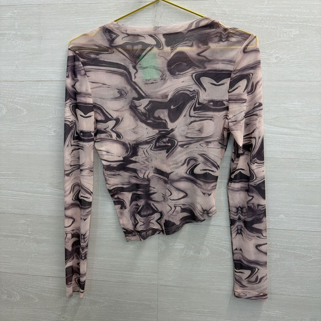 Purple Sheer Mesh Print Cropped Long Sleeve Top Small