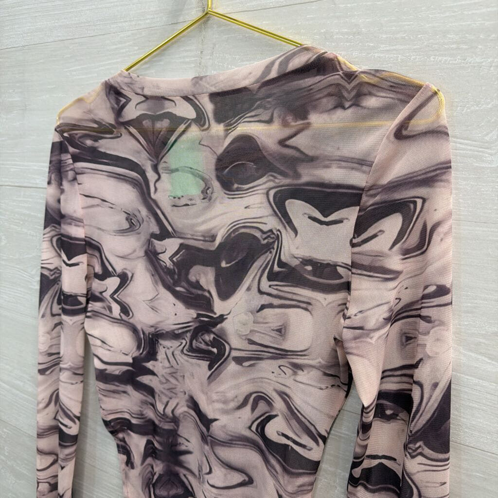 Purple Sheer Mesh Print Cropped Long Sleeve Top Small