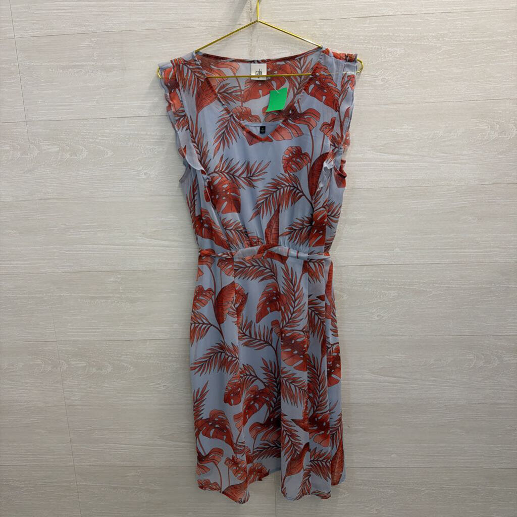 Cabi Blue/ Orange Tropical Leaf Print Tie Waist Dress Medium
