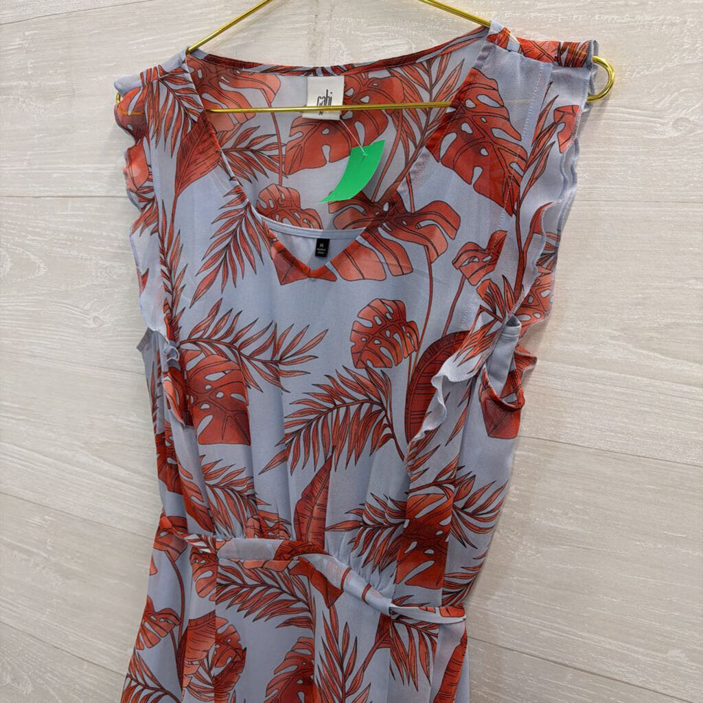 Cabi Blue/ Orange Tropical Leaf Print Tie Waist Dress Medium
