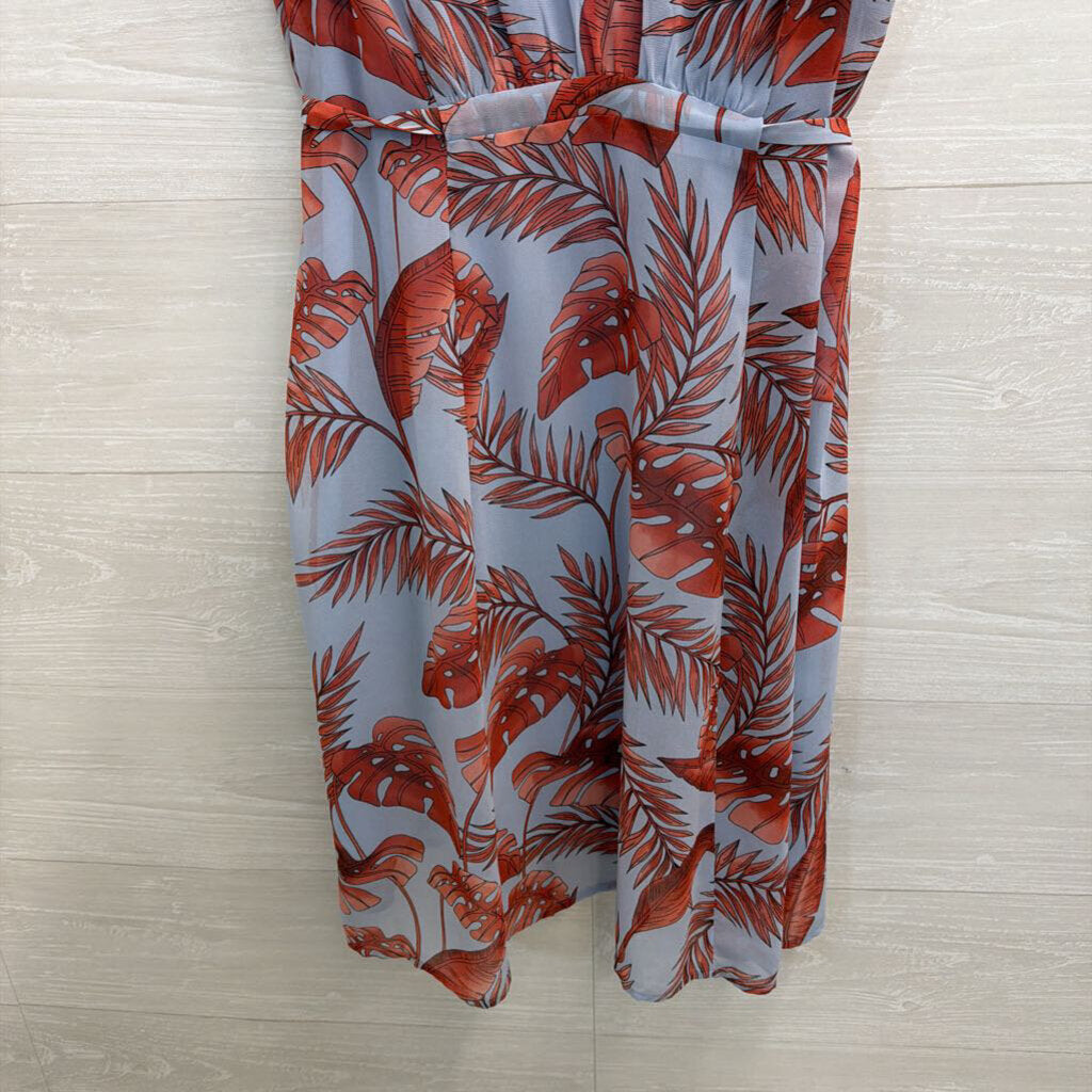 Cabi Blue/ Orange Tropical Leaf Print Tie Waist Dress Medium