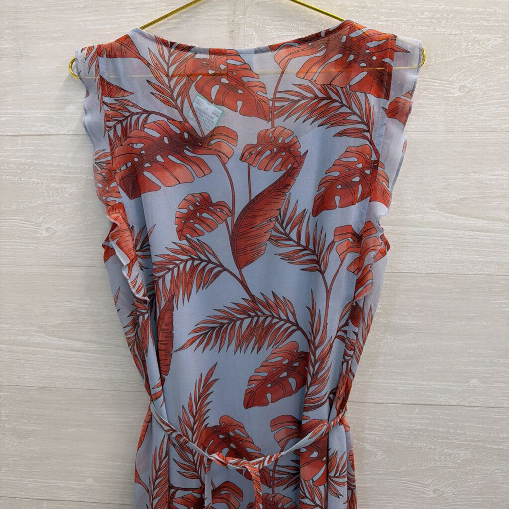 Cabi Blue/ Orange Tropical Leaf Print Tie Waist Dress Medium