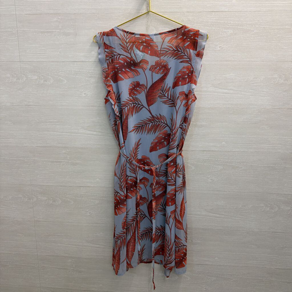 Cabi Blue/ Orange Tropical Leaf Print Tie Waist Dress Medium