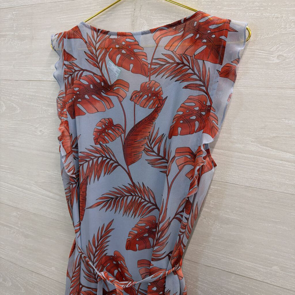 Cabi Blue/ Orange Tropical Leaf Print Tie Waist Dress Medium