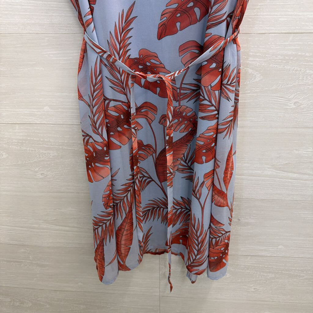 Cabi Blue/ Orange Tropical Leaf Print Tie Waist Dress Medium
