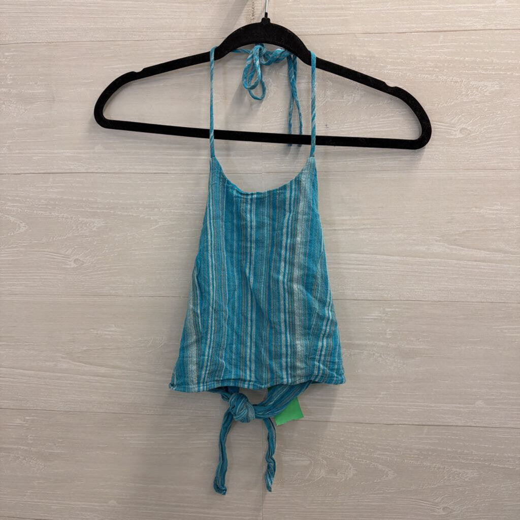 Blue Blush Blue Striped Cropped Halter Neck Top Medium