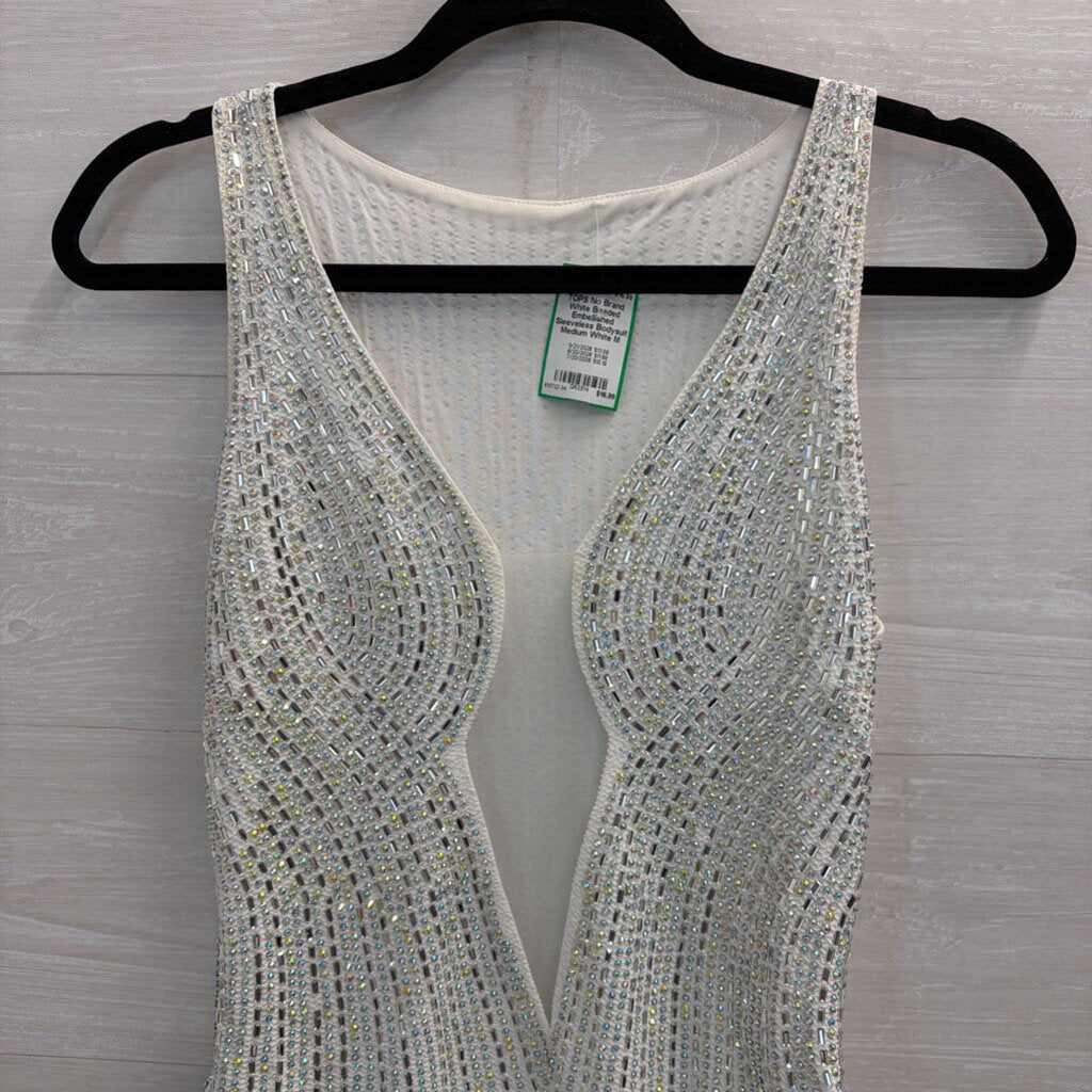 White Beaded Embellished Sleeveless Bodysuit Medium