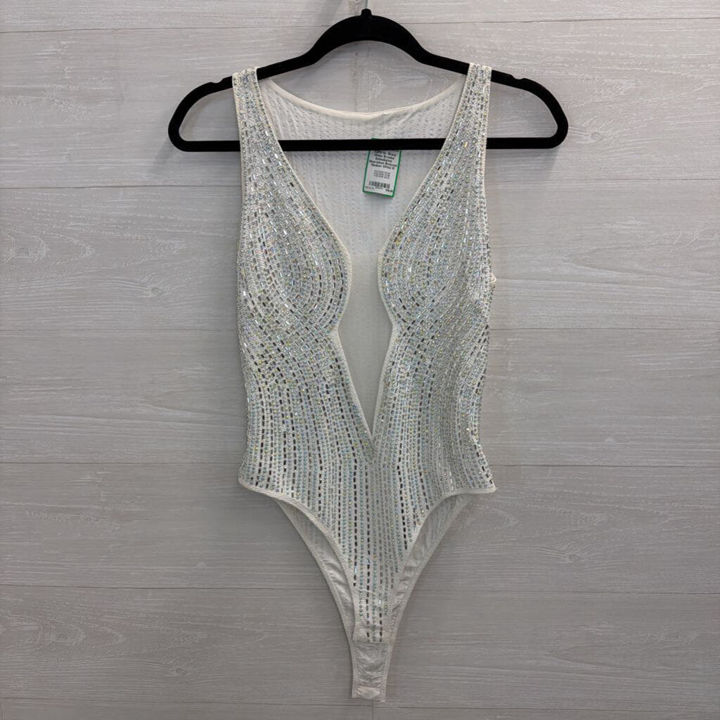 White Beaded Embellished Sleeveless Bodysuit Medium