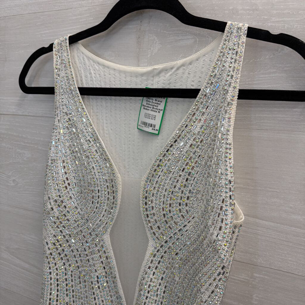 White Beaded Embellished Sleeveless Bodysuit Medium
