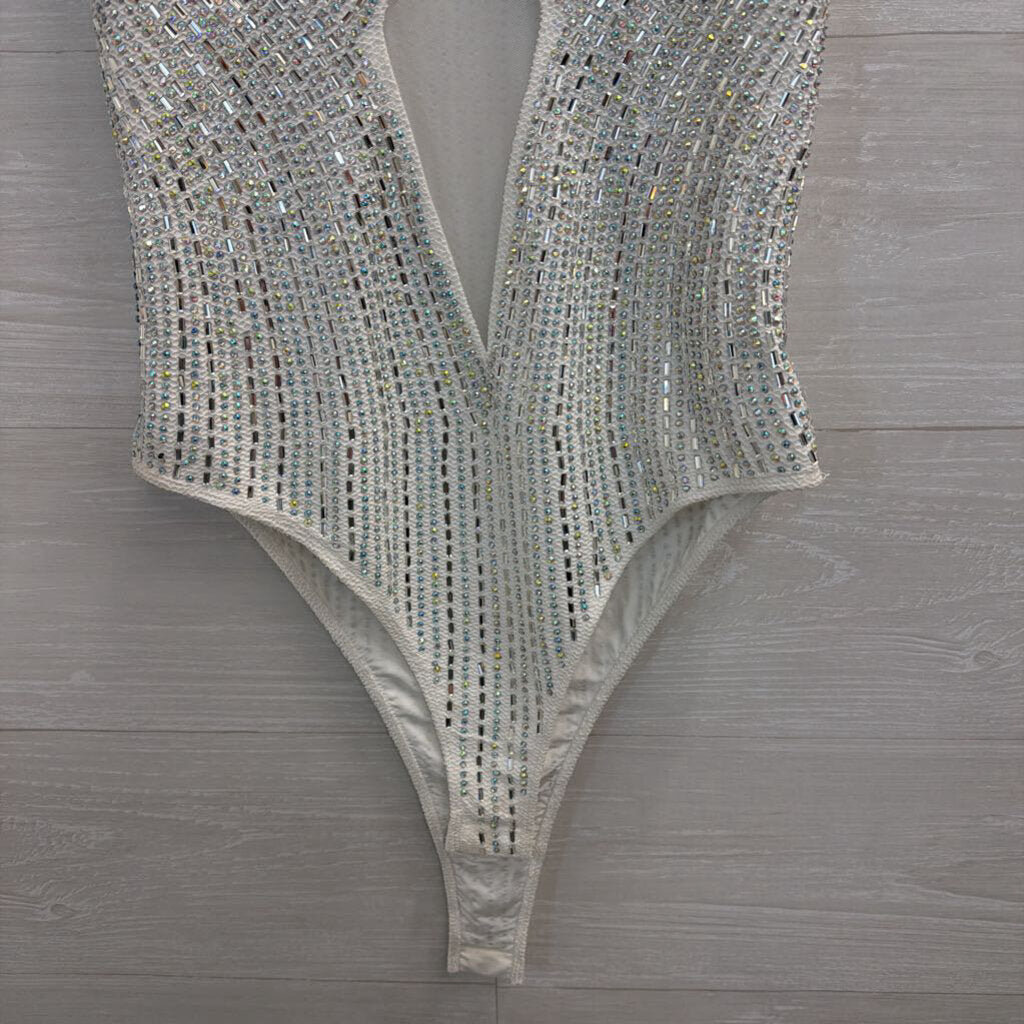 White Beaded Embellished Sleeveless Bodysuit Medium