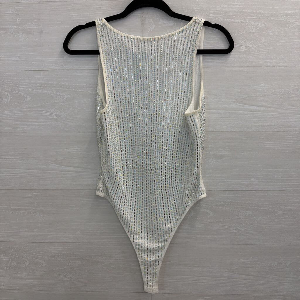 White Beaded Embellished Sleeveless Bodysuit Medium