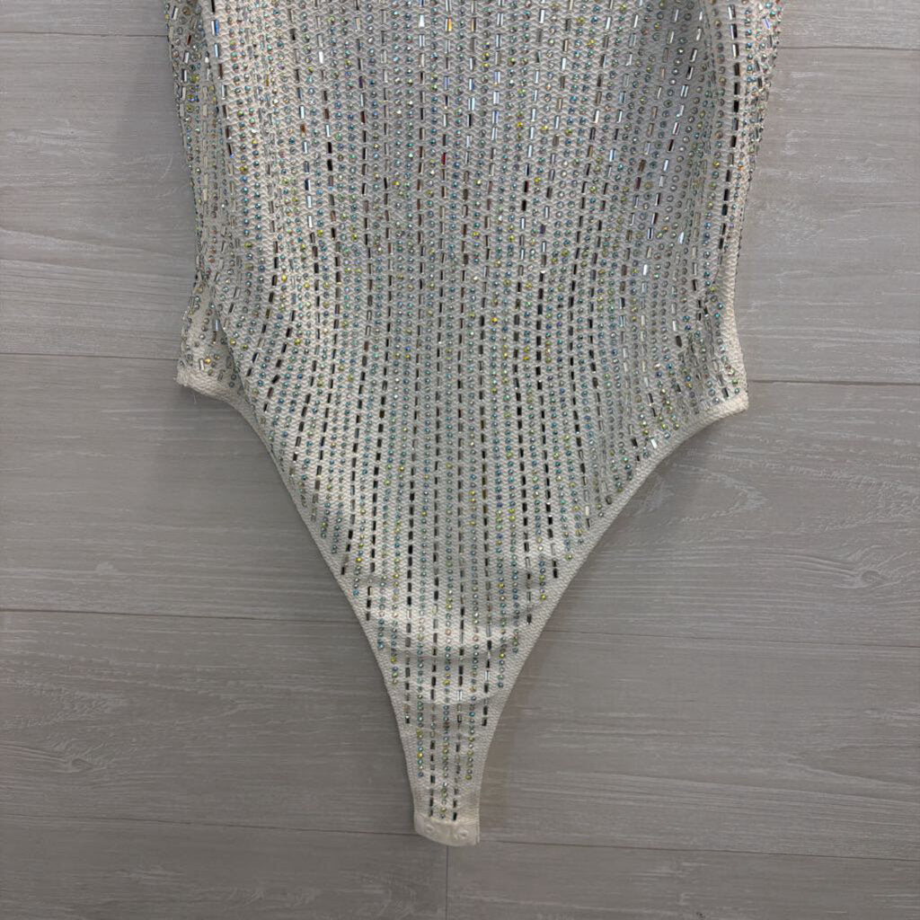 White Beaded Embellished Sleeveless Bodysuit Medium