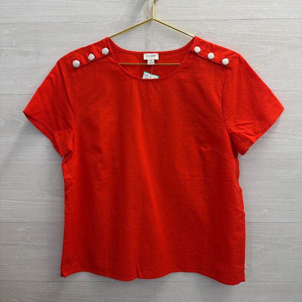 J Crew Red Short Sleeve Shoulder Button Detail Boxy Top Medium