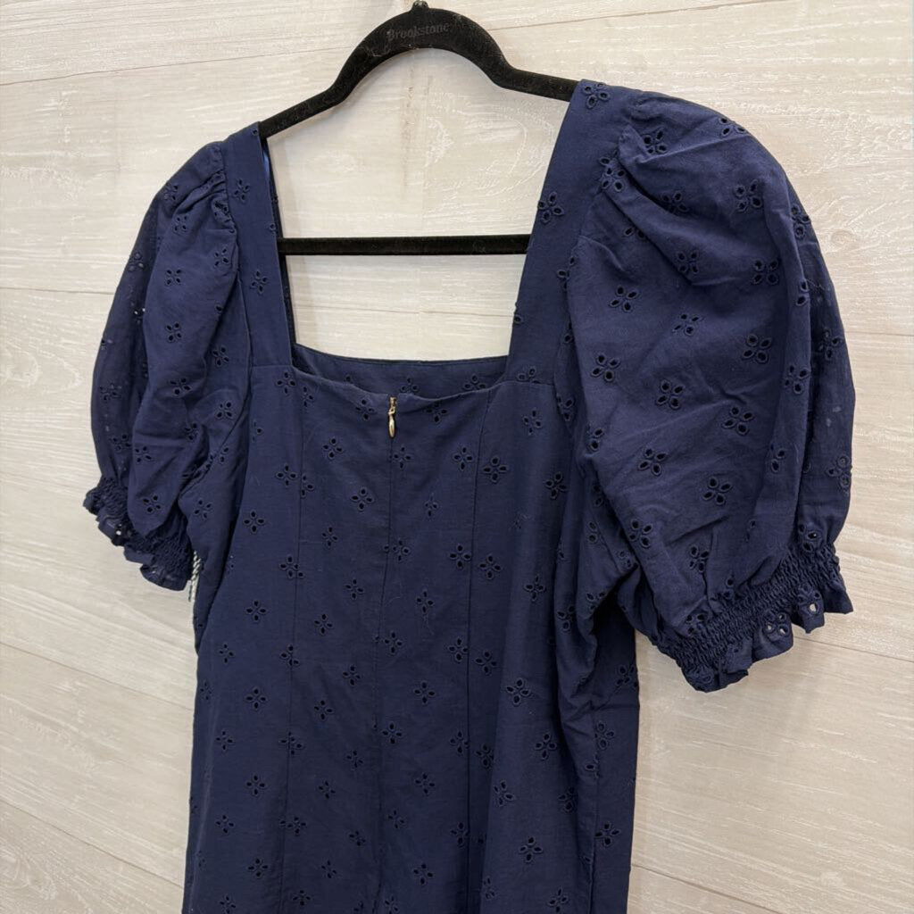 Draper James Navy Eyelet Short Puff Sleeve Dress Medium