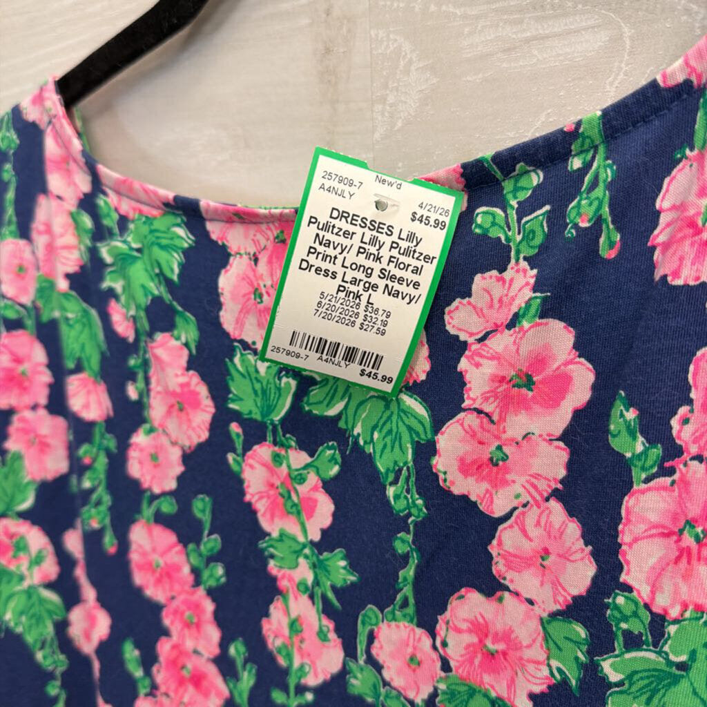 Lilly Pulitzer Navy/ Pink Floral Print Long Sleeve Dress Large