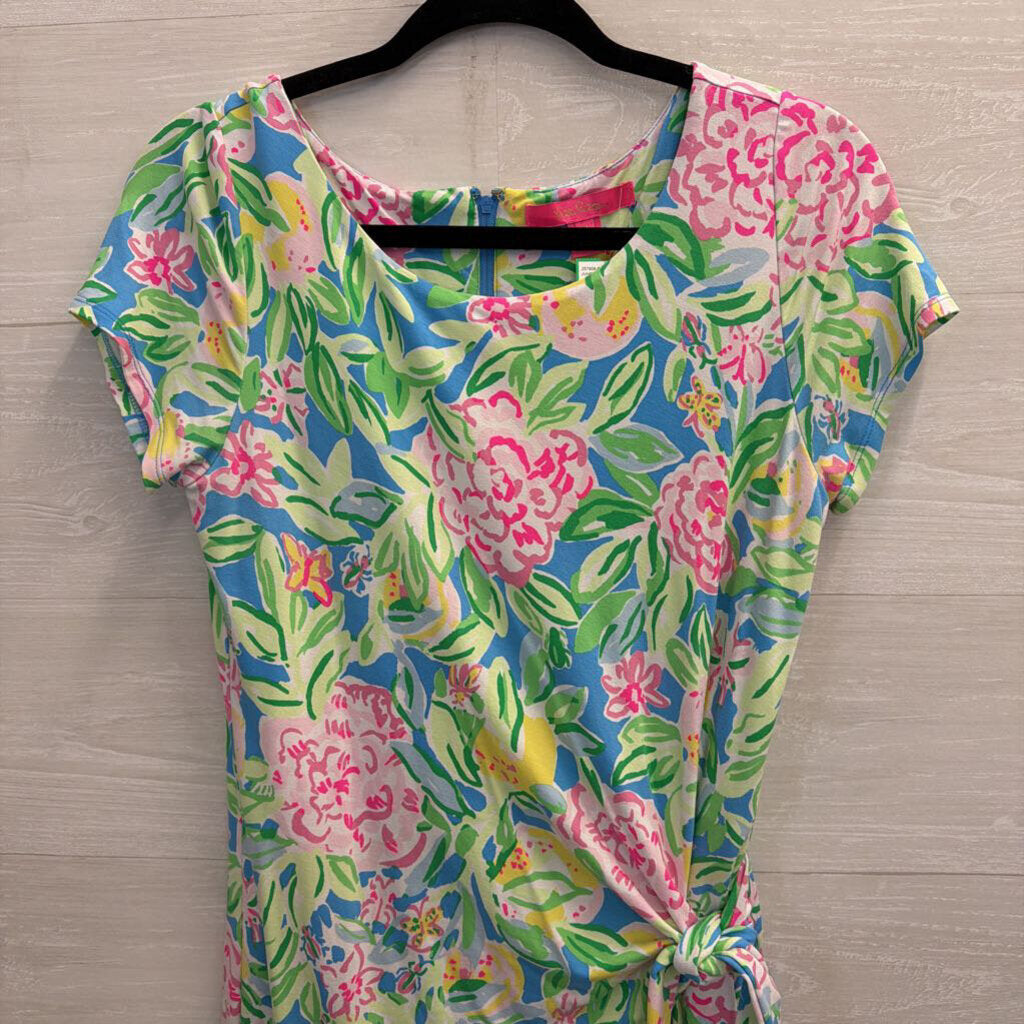 Lilly Pulitzer Blue/ Multi Print Short Sleeve Tie Waist Romper Dress Medium