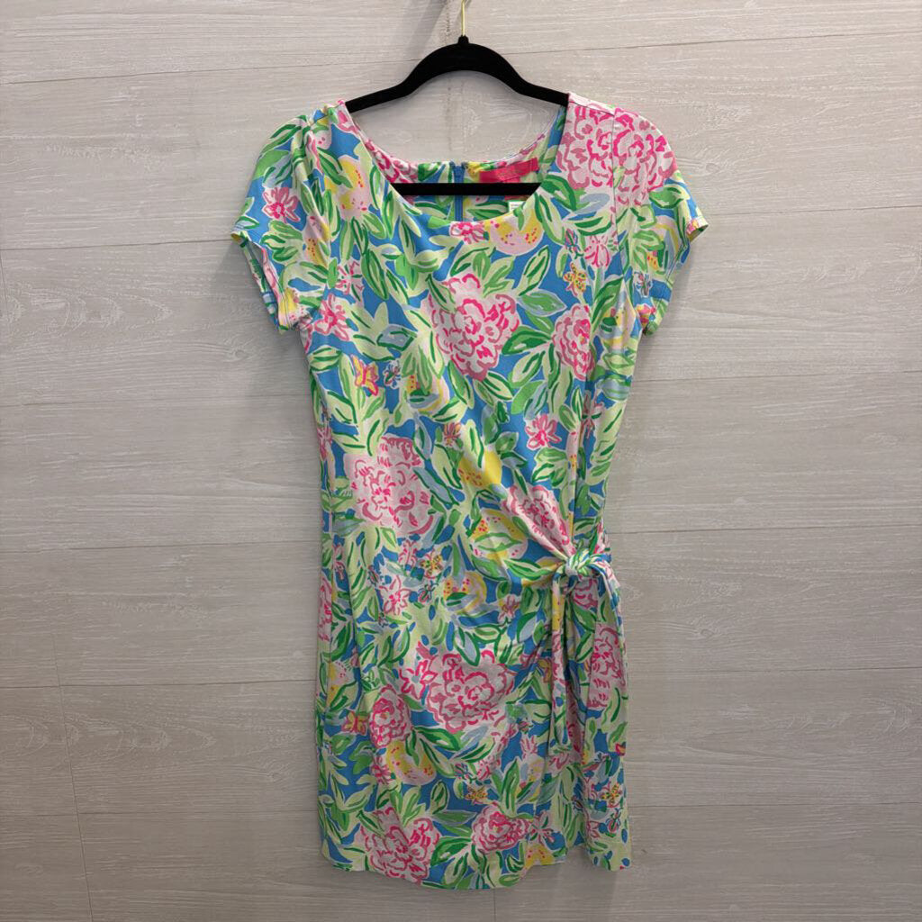 Lilly Pulitzer Blue/ Multi Print Short Sleeve Tie Waist Romper Dress Medium