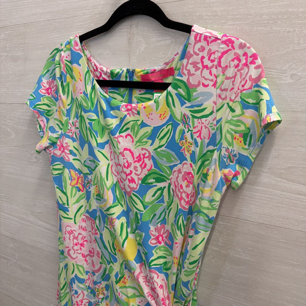 Lilly Pulitzer Blue/ Multi Print Short Sleeve Tie Waist Romper Dress Medium