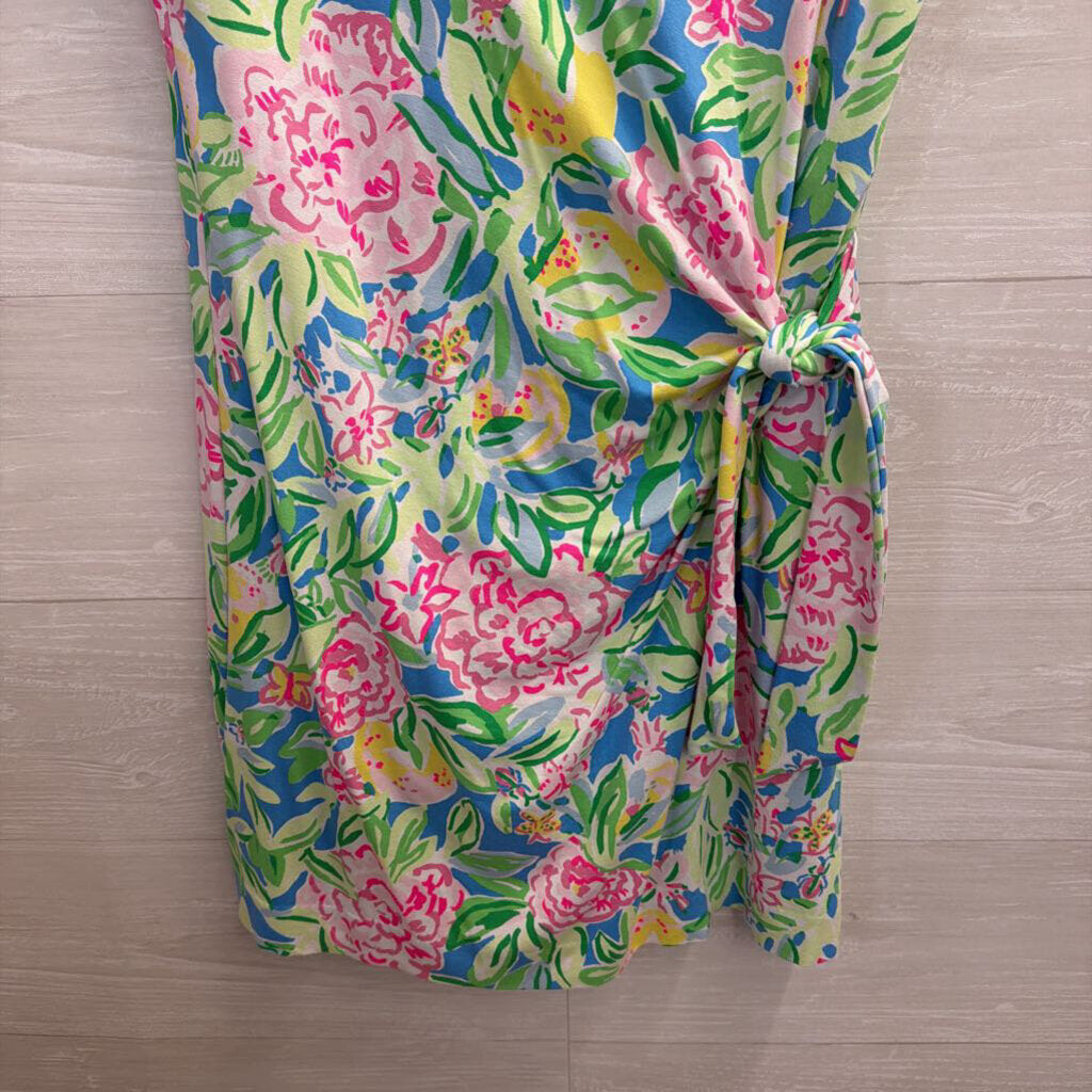 Lilly Pulitzer Blue/ Multi Print Short Sleeve Tie Waist Romper Dress Medium