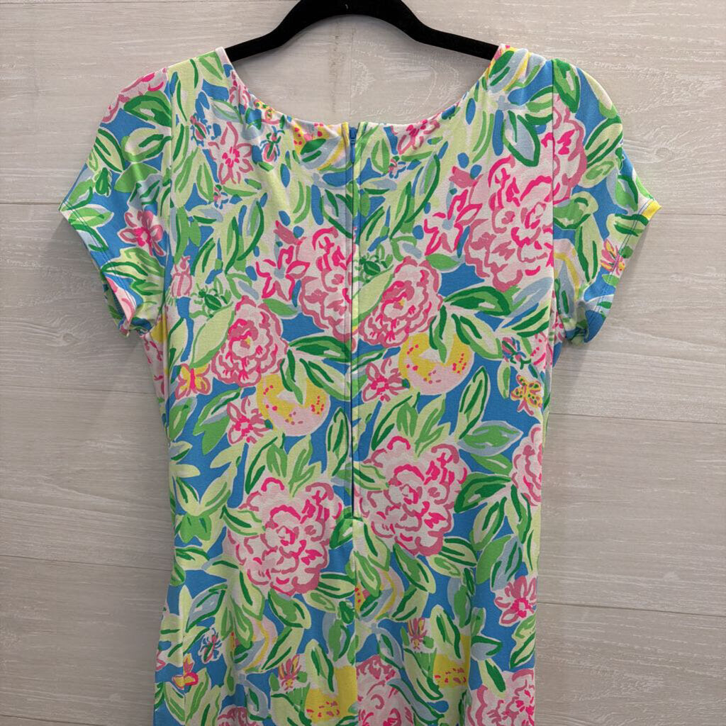 Lilly Pulitzer Blue/ Multi Print Short Sleeve Tie Waist Romper Dress Medium