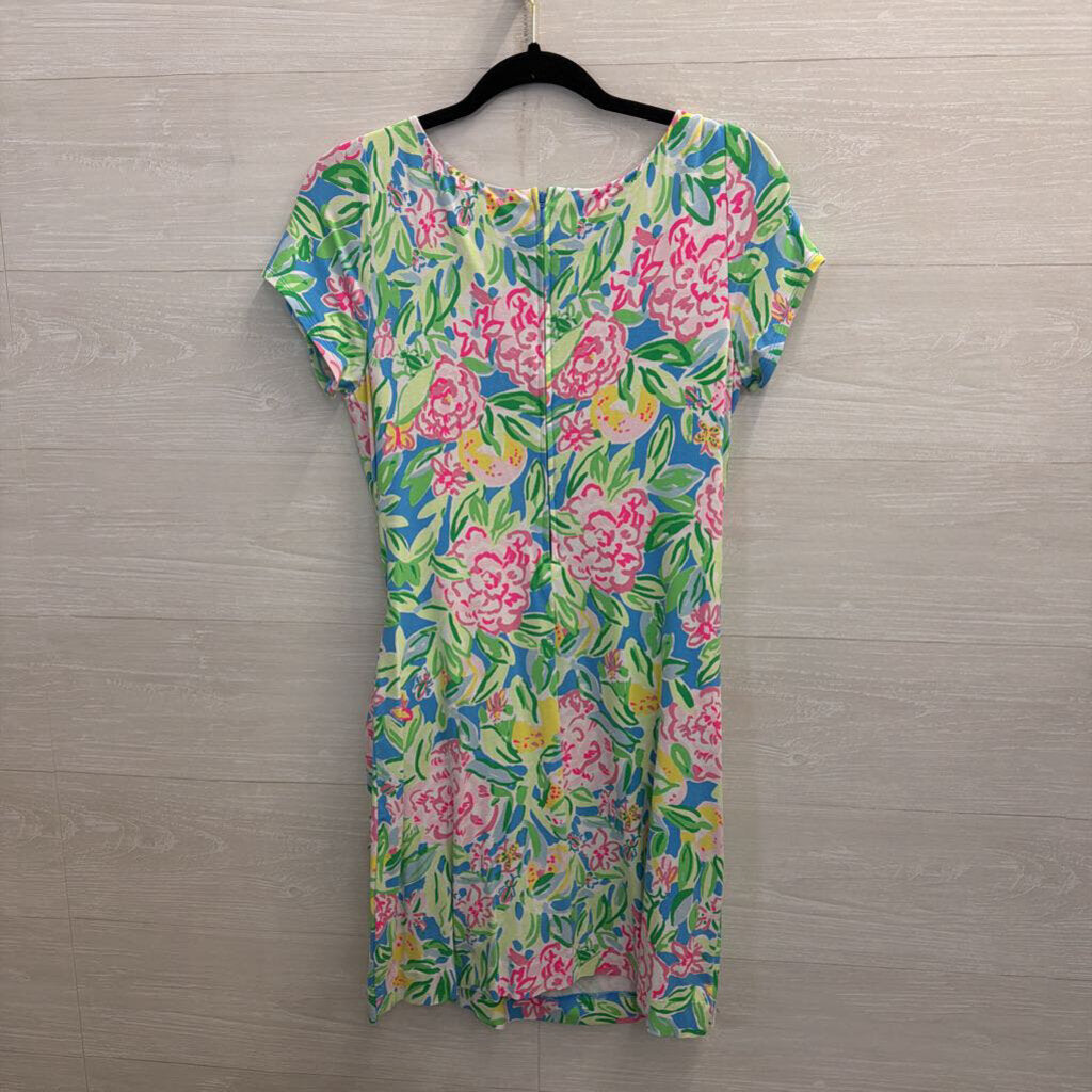Lilly Pulitzer Blue/ Multi Print Short Sleeve Tie Waist Romper Dress Medium