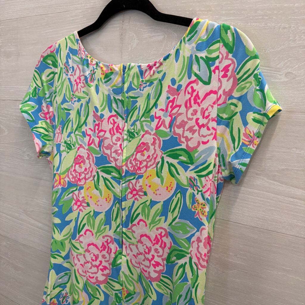 Lilly Pulitzer Blue/ Multi Print Short Sleeve Tie Waist Romper Dress Medium