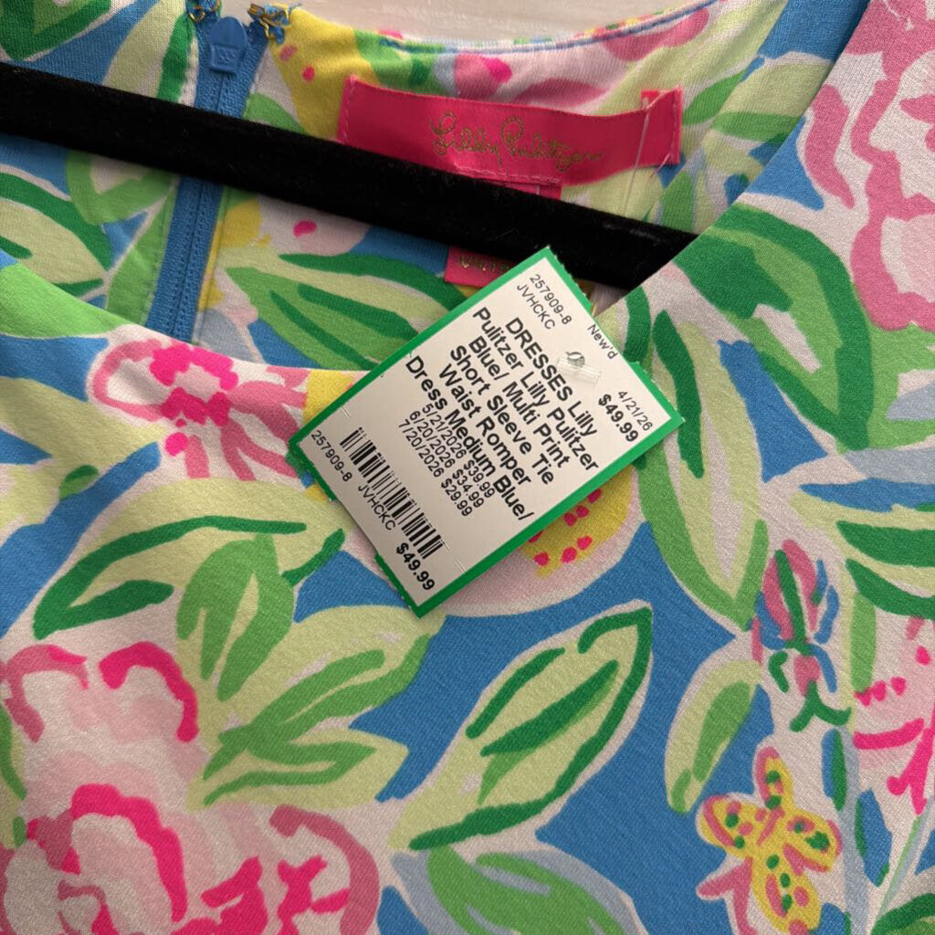 Lilly Pulitzer Blue/ Multi Print Short Sleeve Tie Waist Romper Dress Medium