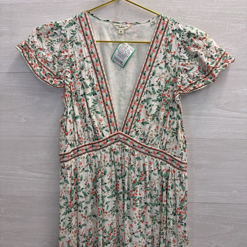 Max Studio White/ Green/ Pink Print Short Sleeve Maxi Dress Medium